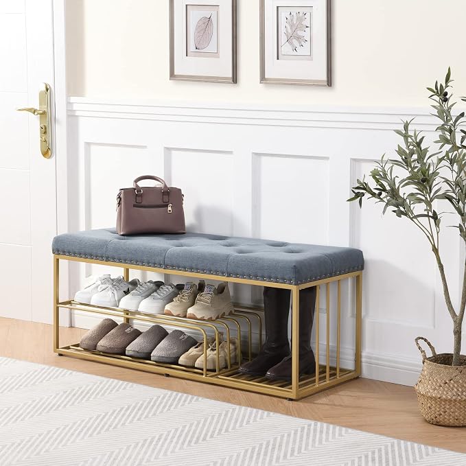 Upholstered Shoe Storage Bench-Nailhead Trim Linen Ottoman Bench with Shoes Rack for End of Bed Entryway Window Bedroom Living Mudroom Room,Blue - Image 4