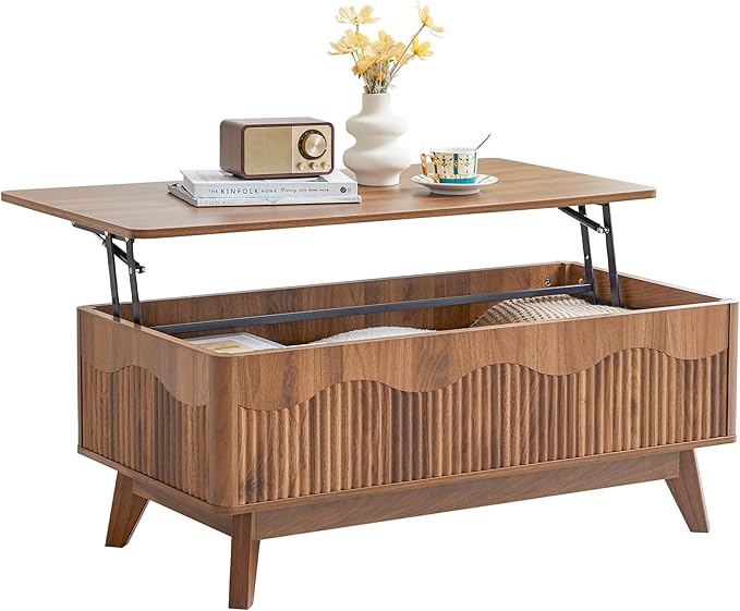 BERRYMERRY Lift Top Coffee Table with Hidden Storage, Farmhouse Fluted Coffee Table with Wave Profile, Rising Top Rectangular Center Table for Living Room (Walnut)