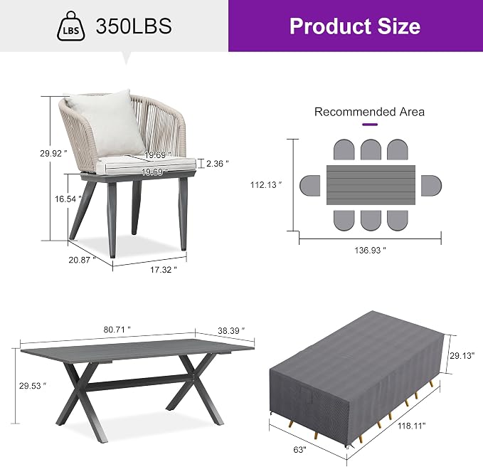 PURPLE LEAF 9 Pieces Patio Dining Set with Waterproof Furniture Cover Rectangular Table and Chairs Set for Garden Deck Aluminum Frame Backyard Kitchen Set, Cushions and Pillows Included Taupe - Image 9