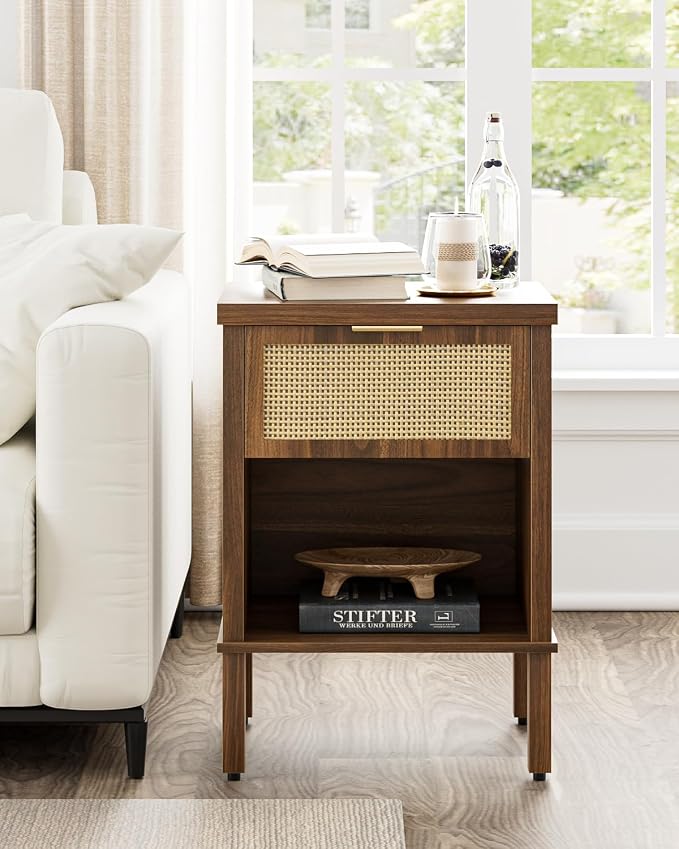 Rattan Nightstand with Drawer and Open Shelf, Boho Side Table with Gold Handle, Small Night Stand, Modern Bedside Table for Bedroom, Walnut - Image 3
