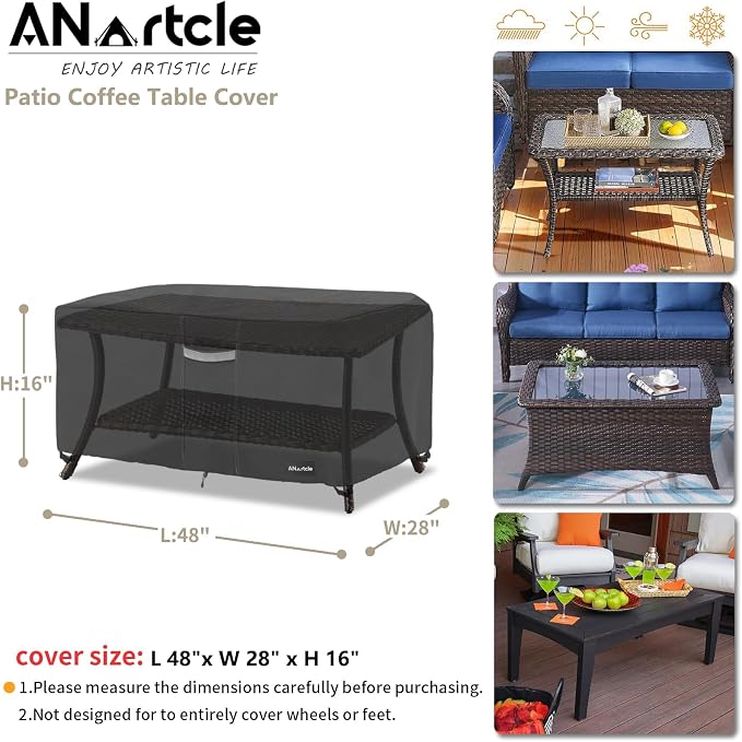 ANartcle Patio Coffee Table Cover, 600D Waterproof Heavy Duty Rectangular Outdoor Table Cover,Patio Furniture Covers,48 x 28 x 16 inch,Black - Image 3