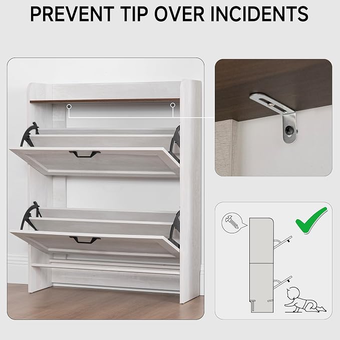 Narrow Shoes Storage Cabinet, Entryway Storage with 2 Flip Drawers, Farmhouse Shoe Organizer with Removable Shelves, Anti-Drop Top Fence, 40.4H x 31.4W (Warm White Grayish) - Image 8