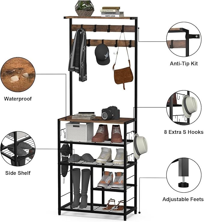 GiftGo Vintage Large 5-Tier Hall Tree with Console Table Entryway Coat Rack Floor Standing Shoes Rack Storage Shelf Organizer for Home Office Bedroom (Rustic Brown) - Image 6