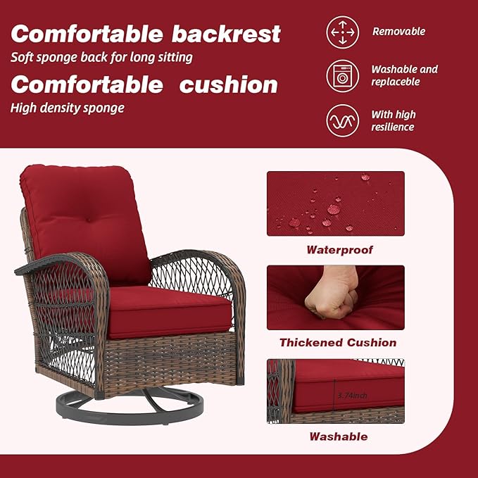 EROMMY 3 Pieces Patio Furniture Set, Outdoor Swivel Rocker Patio Chairs, Wicker Patio Bistro Set with Rocking Chair, Thickened Cushions and Glass Coffee Table for Backyard, Garden, Wine Red