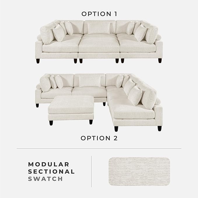 Lexicon 120 Inch Modular Sectional Sofa - Oversized 6 Seater Microfiber L Shaped Sectional Couch with Ottoman, 7 Accent Pillows, and Flexible Arrangement for Modern Living Rooms, Beige