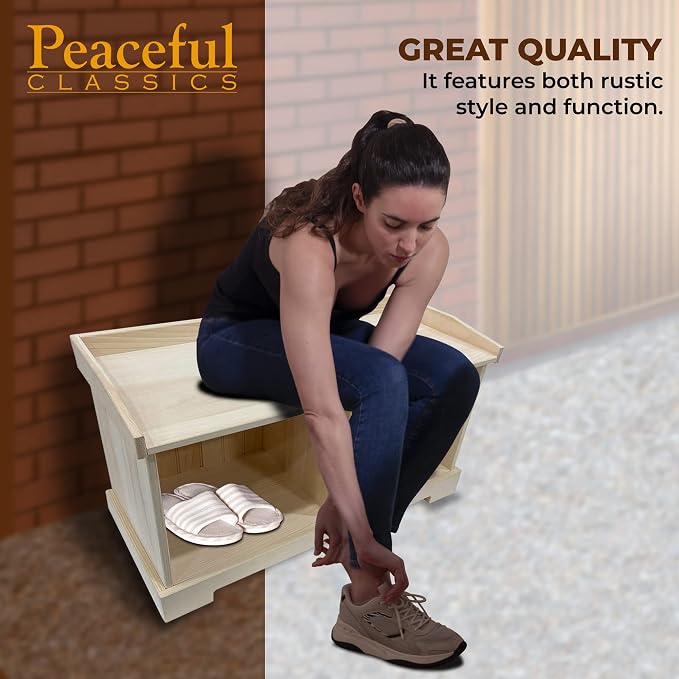 Peaceful Classics Rustic Pine Wooden Entryway Storage Bench, 36" W x 16.5" D x 20.5" H, Unfinished - Image 5