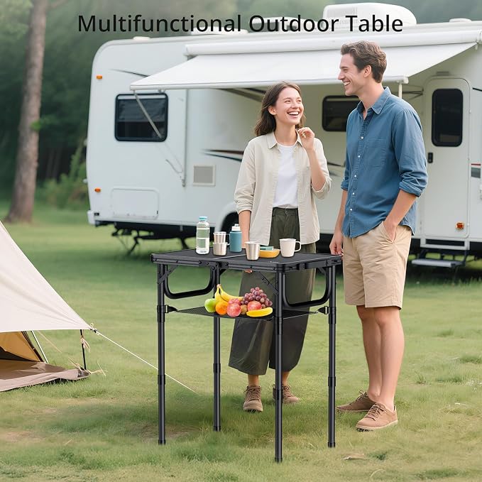 Anbte Folding Camping Table with Storage Net, Pure Black Aluminum 2ft Picnic Table 23.2" x 16" Outdoor Table Adjustable Height Max 27.5", Lightweight, Waterproof, Portable Handle for Travel Cooking - Image 2