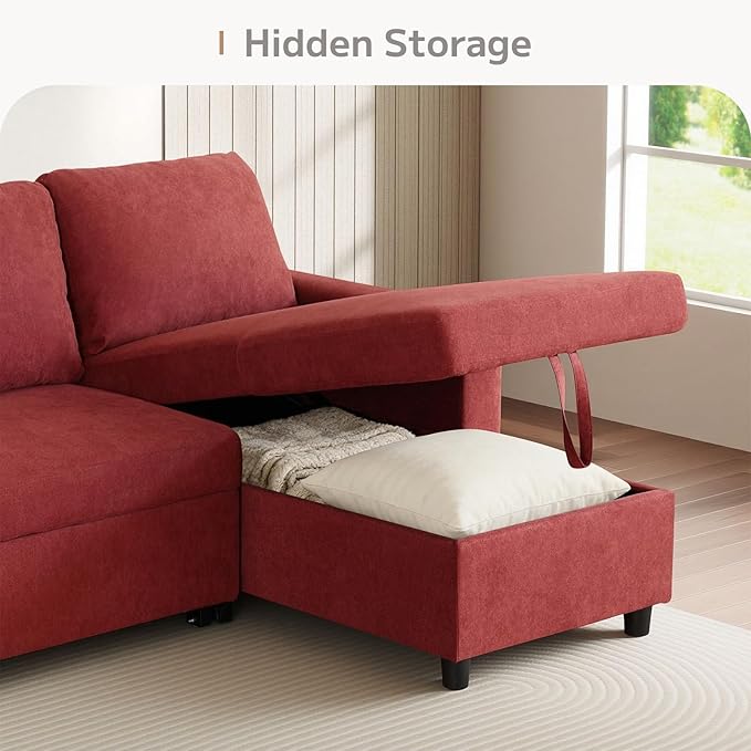 L-Shaped Sleeper Sofa with Chaise Lounge & Storage, Pull-Out Couch Bed with Recliner, Full Size Futon for Living Room, Office, Apartment Red
