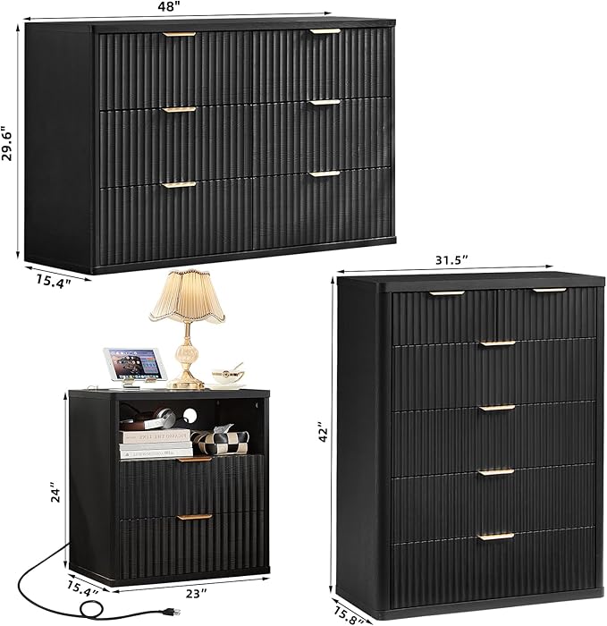 LEYAOYAO Fluted Dressers & Nightstand Set of 3, Wood 48" Wide Dresser & 42" Tall Chest of Drawers,Modern Bedroom Furniture Sets, Black Wooden Nightstand with 2 Drawers & Charging Station