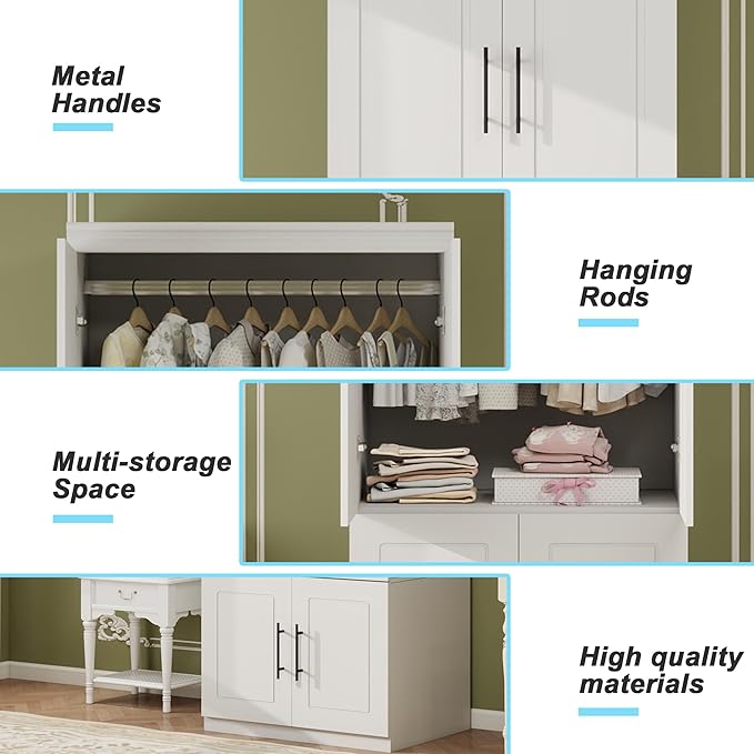 Armoire Wardrobe with Mirror, Bedroom Armoire Cabinet with Storage, Wood Closet with Hanging Rod (White - 52)