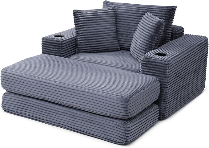 Eafurn 52.4" Oversized Chaise Lounge Indoor with Foldable Ottoman Convertible Boneless Sleeper Sofa Bed, Deep Seat Lounge Chair with Cup Holder & Side Pocket, No Assembly for Living Room | Breathable material, Cupholders