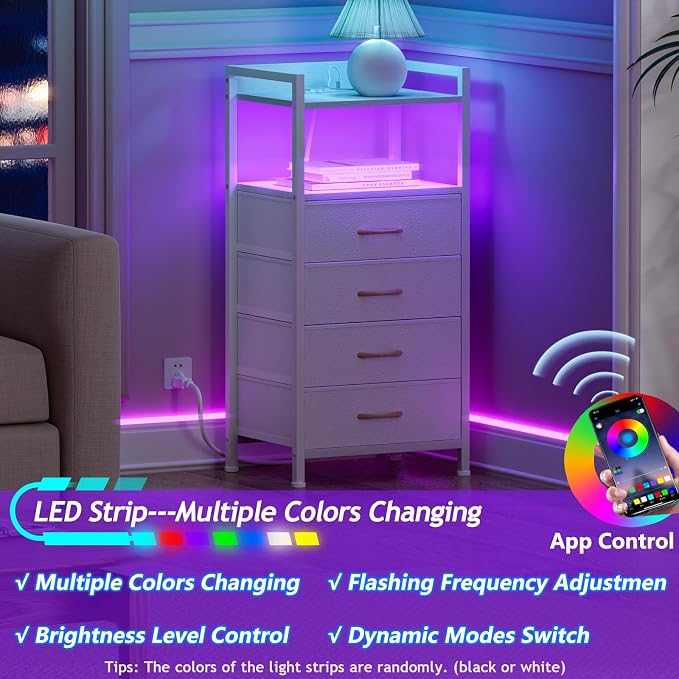 Furnulem White Nightstand with Charging Station, Night Stand Side Table with Led Light, Tall Dresser for Bedroom with 4 Fabric Storage Drawers, Metal Frame, Wood Shelf(White) - Image 8