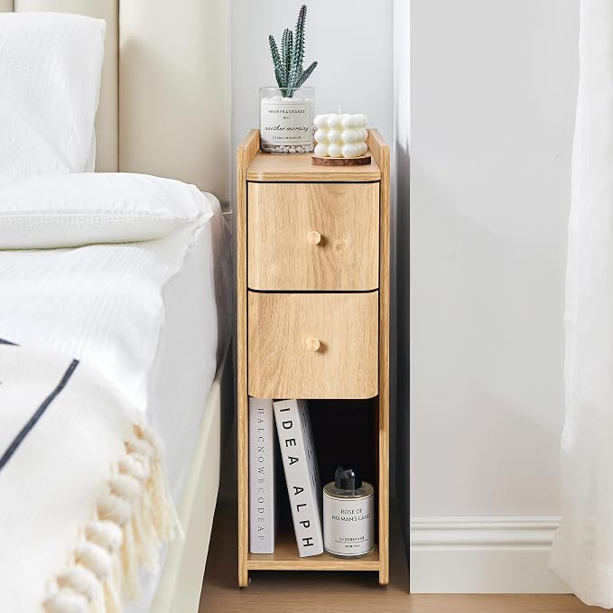 Narrow End Table Bedroom, Wooden Small 2 Drawer Nightstand, Thin Couch Side End Table, Skinny Bedside Table Small Spaces, Mid Century Modern Night Stand with Drawers (Natural-1 pc) - Image 8