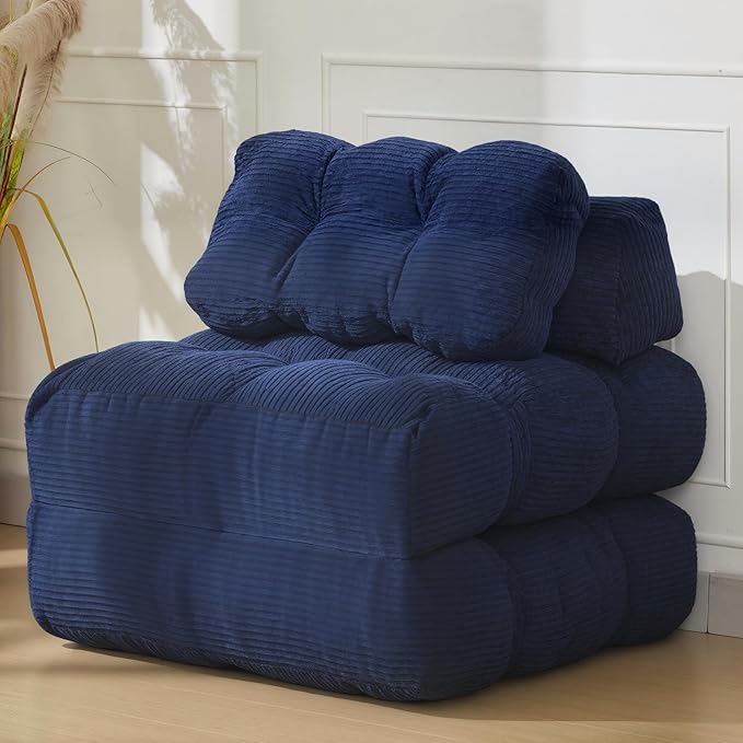 Folding Sofa Bed, Convertible Sleeper Chair with Pillow Foldable Matress with Back Support, Portable Fold Out Chair Bed Comfy Floor Sofa Lounge for Living Room Bedroom, Navy Blue, Single