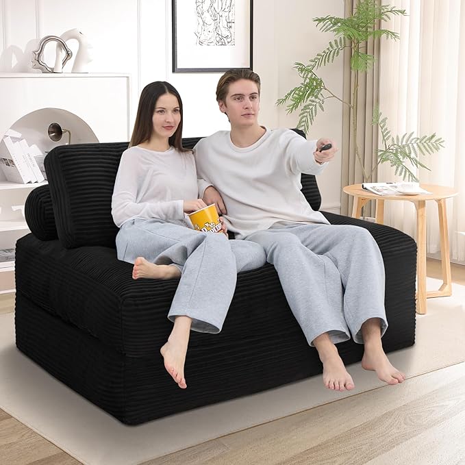 Folding Sofa Bed, Convertible Sleeper Chair with Pillow & Handle, Foldable Mattress Futon Chair Bed Lounge with Back Support, Comfy Floor Sofa for Living Room Bedroom, Black, Full