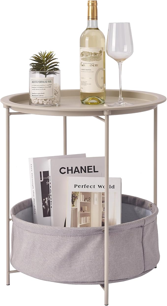 VECELO Round Side/End Table with Fabric Storage Basket，Metal Anti-Rust and Waterproof Small Bedside Nightstand with Removable Tray Top for Living Room，Balcony & Laundry，Grey /1pcs with Basket by VECELO