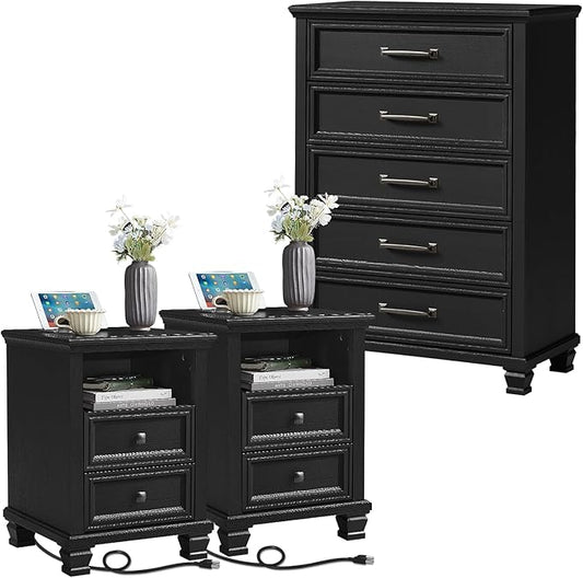 SAVOR LIFE Farmhouse Dresser and Nightstand Sets 3 Piece, 5 Drawer Dresser & 2 Drawer Nightstand Set, Rustic Wood Bedroom Furniture Set for Home, Bedroom, Hallway, Black
