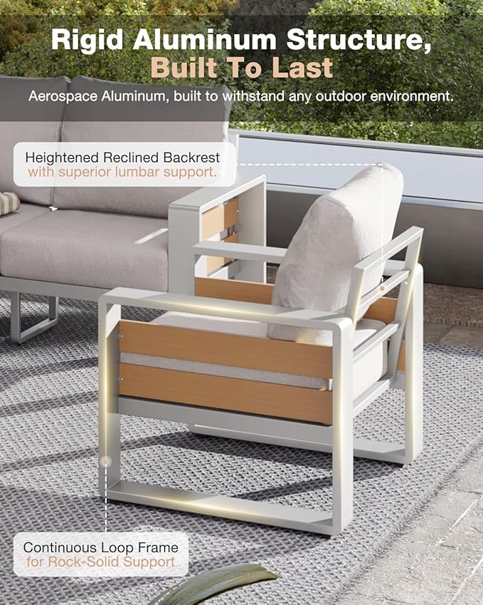 Aoxun Aluminum Patio Furniture Set, 5 Seats Luxury Outdoor Sectional with 6" Olefin Fabric Cushions, Patio Conversation Sets with Coffee Table Outdoor Sofas for Backyard, Deck Grey