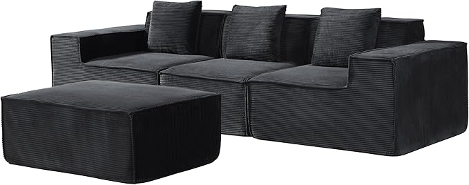 Rowan Convertible Corduroy Sectional Couch with Ottoman & Pillows, Modular L Shaped Sleeper Sofa, Boneless Cloud Couch for Living Room Furniture, Black
