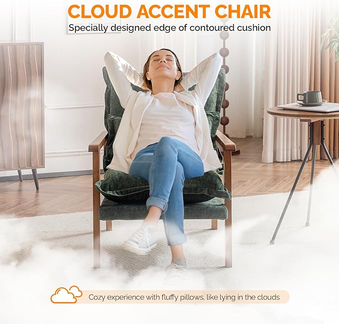 VINGLI Mid-Century Modern Cloud Accent Armchairs set of 2 with Lumbar Pillow, 6.3'' Thick Seat Cushion Reading Chairs with Wooden Armrests,Boho Lounge Chair for Bedroom,Living Room,Chenille,Dark Green