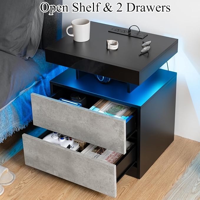 HOMMPA LED Nightstand with Wireless Charging Station & USB Ports High Gloss Bedside Table with LED Light RGB Adjustable Brightness Smart Nightstand 2 Drawers Night Stand for Bedroom Grey - Image 5