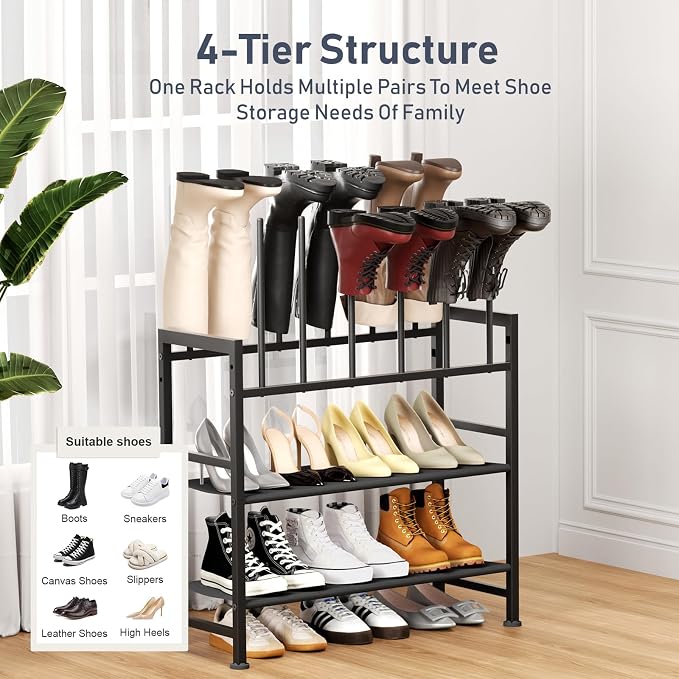 DIMJ Boot Rack 4-Tier - Black Metal Boot Storage Rack for Tall Boots Organizer Tall Boots, Multiuse Shoe Rack for Boots, Sneakers, High-Heel, Entryway, Fit for 6 Pairs, Black - Image 3