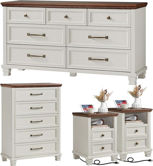 SAVOR LIFE Farmhouse Dresser and Nightstand Sets 4 Piece, 5/7 Drawer Dresser & 2 Drawer Nightstand Set, Rustic Wood Bedroom Furniture Set for Home, Bedroom, Hallway, White