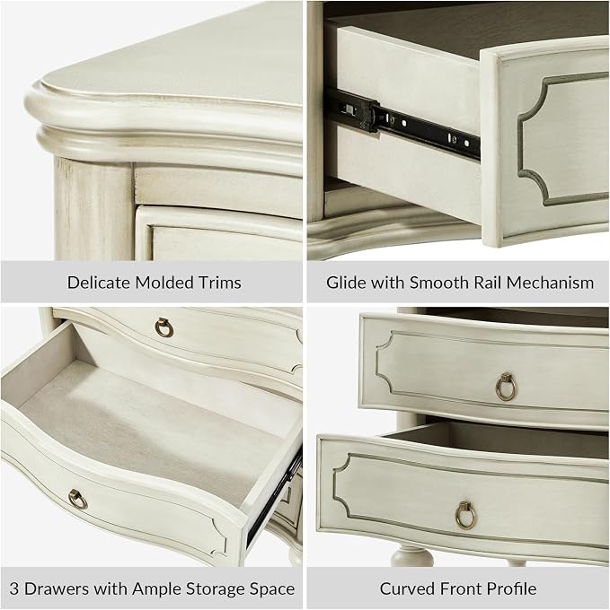 HULALA HOME Traditional Side Table with 3 Drawers, Tall Side Table with Curved Front Profle Desgin, Charging Station, Solid Wood Legs, White - Image 4