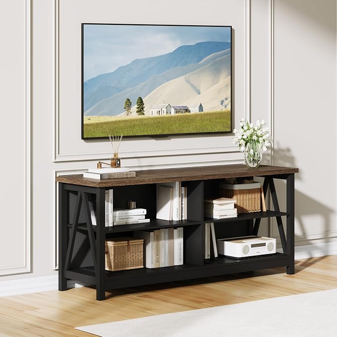 ChooChoo Farmhouse TV Stand for TVs up to 55 Inch, Modern Entertainment Center with 4 Open Shelves & Built-in Cable Holes, Media TV Console for Living Room, Bedroom, Black - Image 8