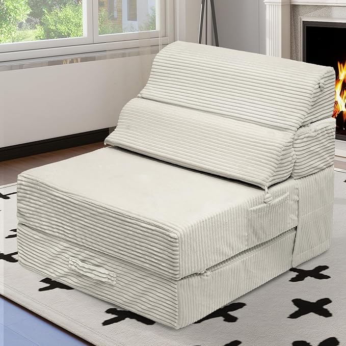 Comfy Foldable Sofa Bed - Convertible Sleeper Sofa Fold Out Sofa Bed Folding Chair Couch for Living Room Bedroom Guest, Floor Chairs Lounger Mattress Folding Sofa Bed with Back Support, Beige