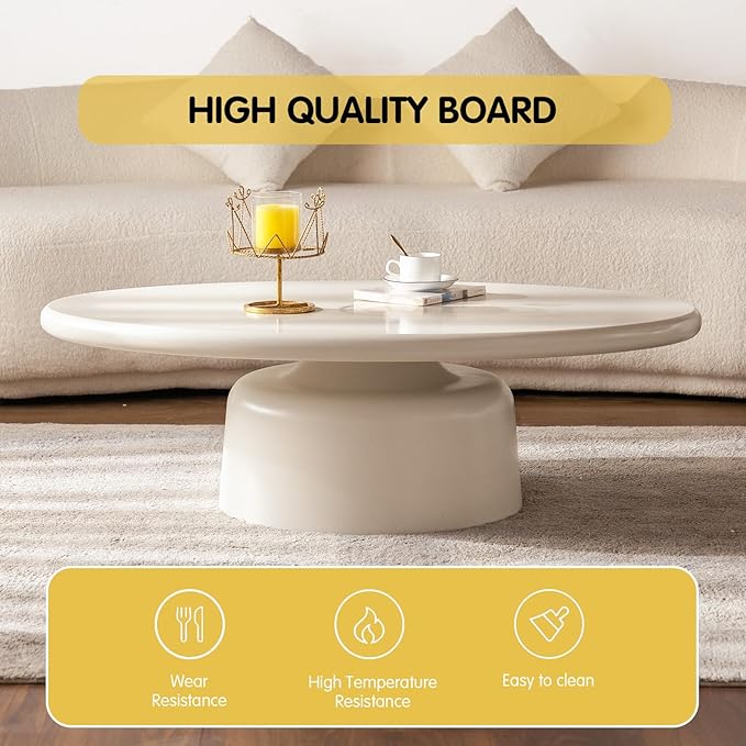 Cream White Oval Coffee Tables for Living Room Modern Irregular Coffee Table Center Tables Space Saving Sofa Low Table Unique Stable Pedestal Tea Table for Bedroom Easy Assembly (Oval 45.66")