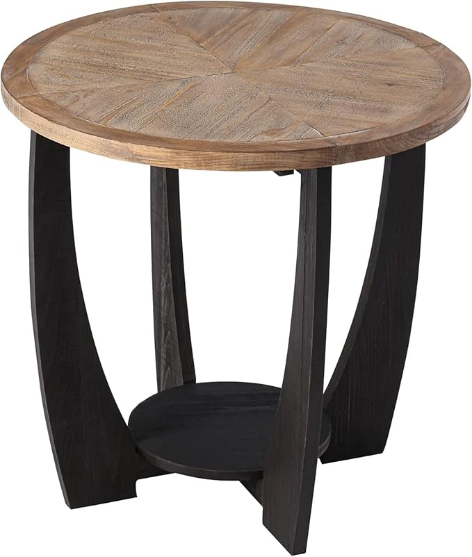 COZAYH Rustic Farmhouse End Table with Storage Shelf, French Country Modern Round Accent Side Table for Small Spaces, Wood Top & Black Base