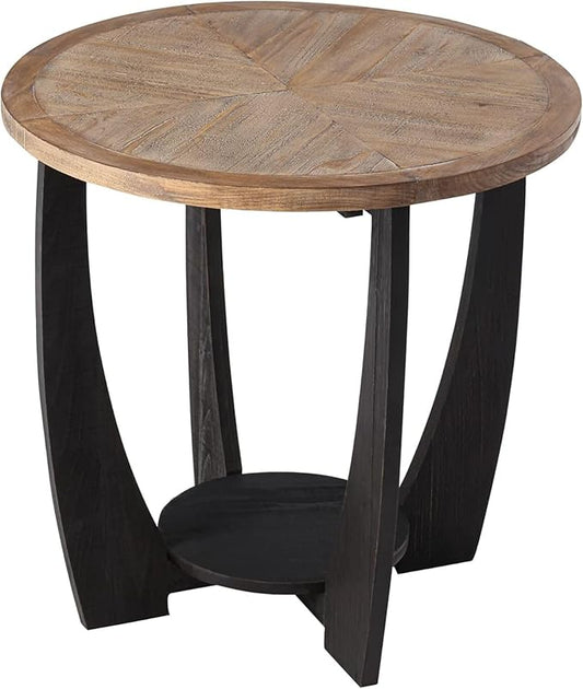 COZAYH Rustic Farmhouse End Table with Storage Shelf, French Country Modern Round Accent Side Table for Small Spaces, Wood Top & Black Base