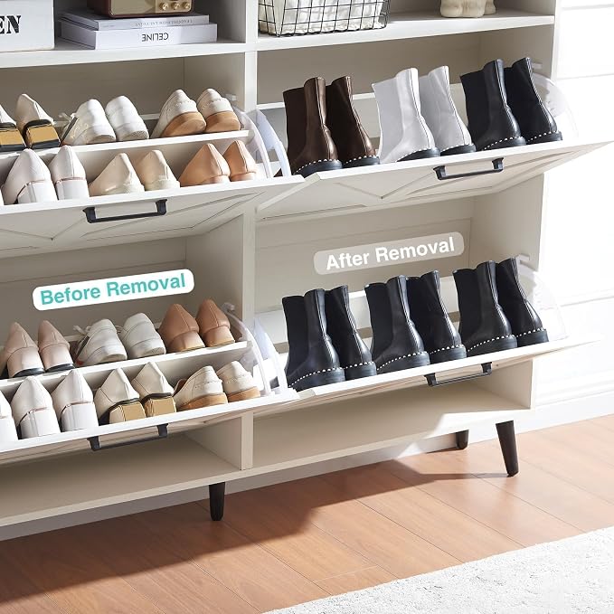 Barnyatoh Shoe Storage Cabinet,Farmhouse Shoe Organizer with 4 Flip Drawers & Barn Door Design,Freestanding Hidden Slim Narrow Shoe Rack with Open Shelves for Entryway,Foyer,Hallway,Antique White - Image 5