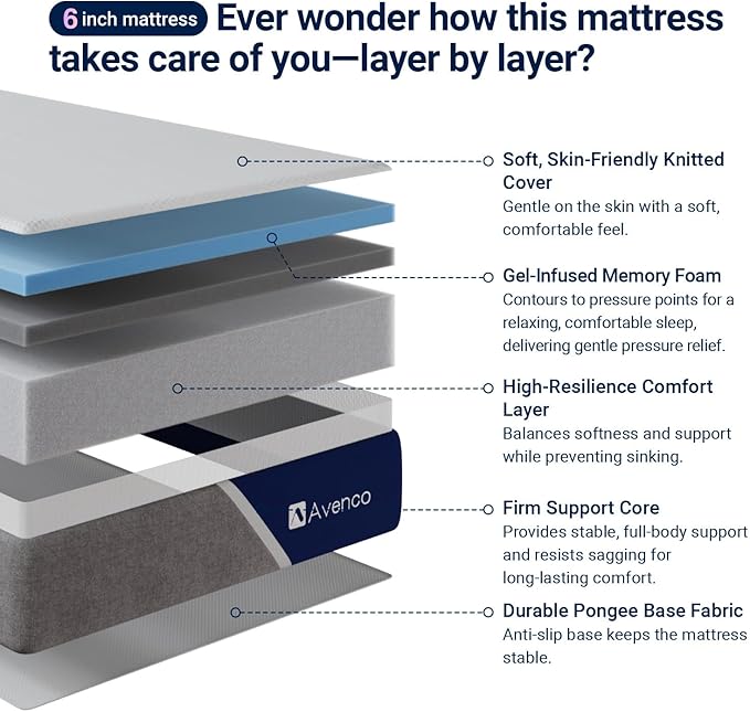 Avenco 6 Inch Twin XL Mattress with Open-Cell Foam for Breathable Comfort, Gel Memory Foam Twin XL Size Mattresses with Removable Cover, CertiPUR-US Certified Mattress in a Box