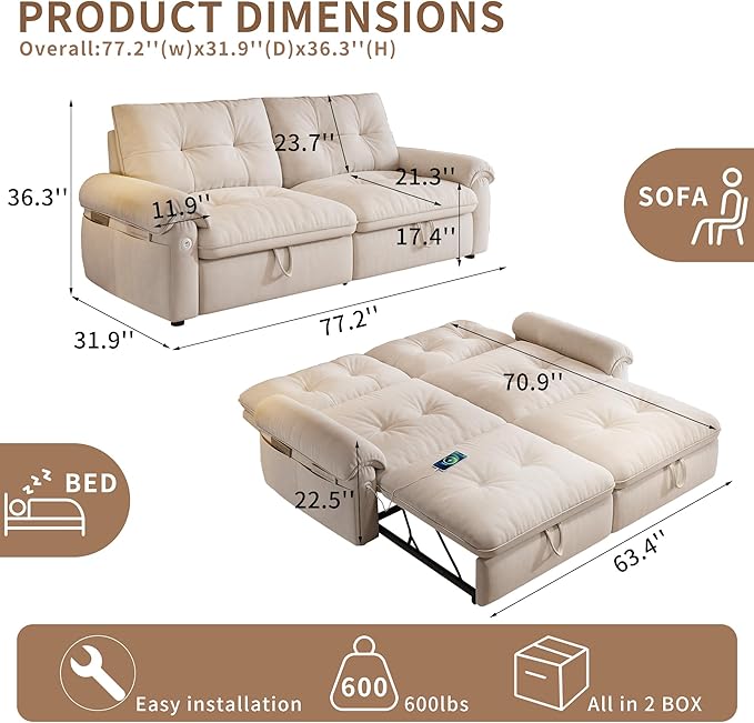 KEIKI 77" Modular Sectional Sofa with Pull-Out Bed, Convertible Sleeper Sofa Bed, 3-Seater Sleeper Sofa Couch for Living Rooms, Bedroom, Apartment, Beige