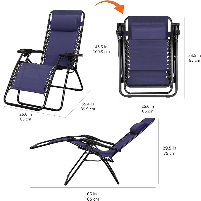Amazon Basics Outdoor Portable Zero Gravity Reclining Lounge Chair with Headrest Pillow, Textilene, Lightweight, 26", Blue - Image 3