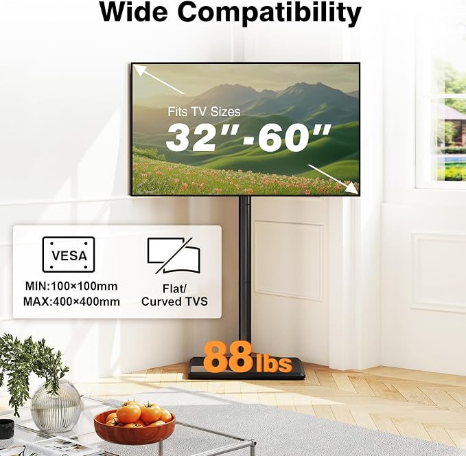 TVON Universal Floor TV Stand with Mount for Most 32-60 Inch TVs up to 88lbs, Height Adjustable TV Floor Stand with Wood Base for Space Saving, Tall Floor TV Stand for Bedroom, Corner & Living Room - Image 7