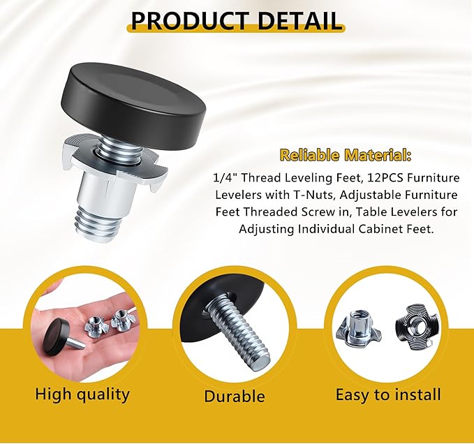 12 Pack 1/4"-20 UNC Furniture Leveling Feet, Adjustable Heavy Duty Leg Levelers for Tables, Chairs, Cabinets & Shelving Units - Screw-in Glides Replacement for Uneven Floors