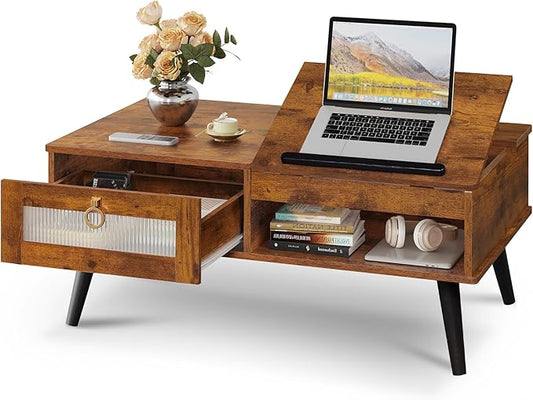 WLIVE Coffee Table, Lift Top Coffee Table with Storage Shelf, Drawer, Height Adjustable and Tilting Tabletop for Living Room, Mid Century Modern, Wood, Rustic Brown