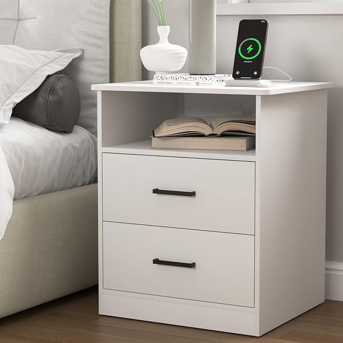 Night Stand Set 2 with Charger Station, Modern Nightstand with USB Type-C Ports and AC Outlets, Large Bedside Table with 2 Drawers and Open Storage, Wooden End Table for Bedroom, White - Image 2