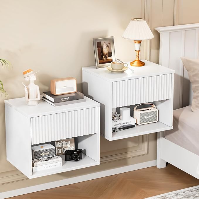 VINGLI Floating Nightstand Set of 2 White Fluted Nightstands with 1 Drawer, Night Stand for Bedroom, Wood Bed Side Table, Fluted Nightstand End Table for Bedroom and Living Room by VINGLI