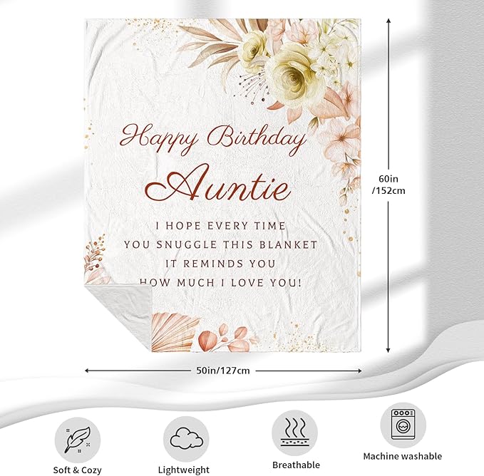 Aunt Birthday Gift Throw Blankets 60 x 50 Inch, Birthday Gift for Auntie from Niece, Happy Birthday Auntie Gifts, Birthday Gifts for Aunt from Nephew, Auntie Birthday Gifts