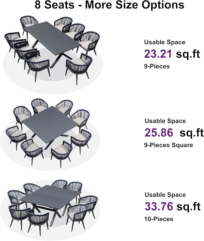 PURPLE LEAF Outdoor Dining Set for 8 All-Weather 9 Piece Patio Aluminium Dining Large Square Table and Rope Weave Chairs Included Cushions for Backyard Decor Kitchen Patio Furniture Set Grey and Navy - Image 3