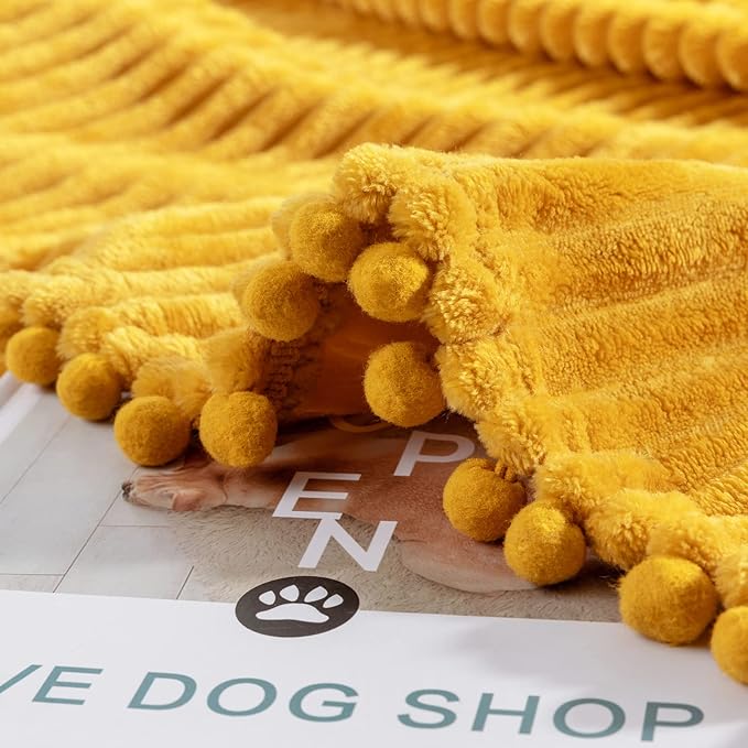 DISSA Fleece Blanket Queen Size – 71x80, Yellow - Soft, Plush, Fluffy, Fuzzy, Warm, Cozy – Perfect Throw for Couch, Bed, Sofa - with Pompom Fringe - Flannel Blanket