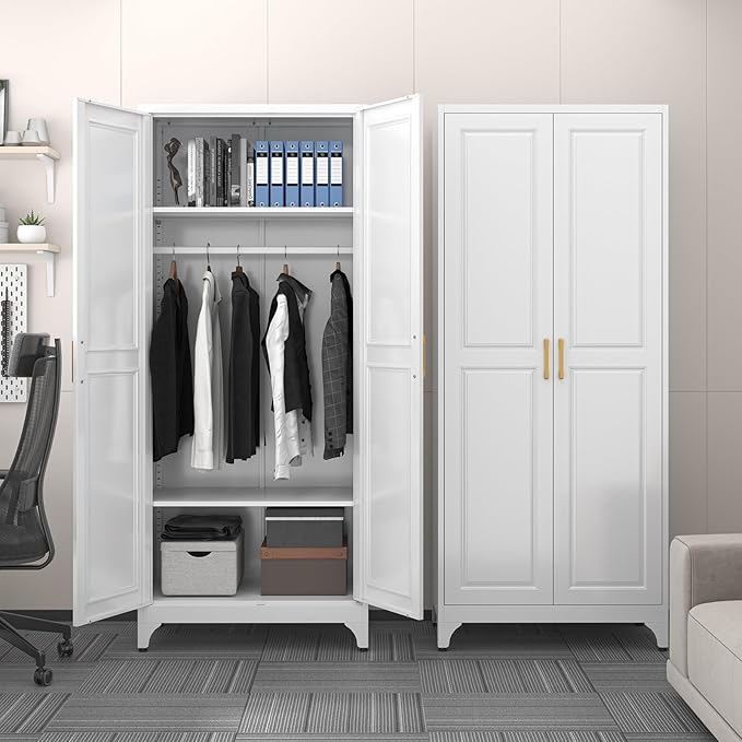 SteeLoong Metal Wardrobe Cabinet with Hanging Rod, 71" Tall Armoire Wardrobe Closet with 2 Doors and Adjustable Shelves, White Clothing Storage Cabinets for Bedroom, Laundry Room, Cloak Room