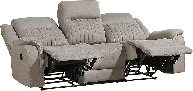 Lexicon Manual Double Reclining Sofa, Polished Microfiber Upholstered 3 Seater Manual Sofa Recliner for Living Room, Wall Hugger, Easy Assembly, Dove