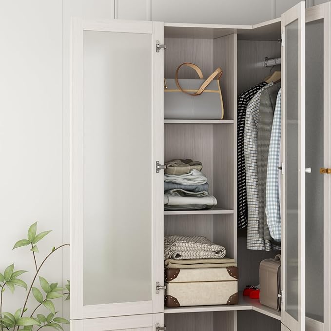 Homsee L-Shape Armoire Wardrobe Closet with Frosted Glass Doors, Hanging Bar & Shelves, Wooden Closet Storage Cabinet with Top Cabinet for Bedroom, Warm Grey (35.4”L x 35.4”W x 86.6”H)