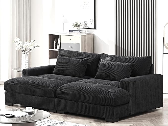 Luxe Sleeper Sofa with Soft Corduroy Upholstery, Double Chaise Design, Convertible to Twin Size Bed, Modern and Comfortable Living Room Couch, 89.9" Wide, Black