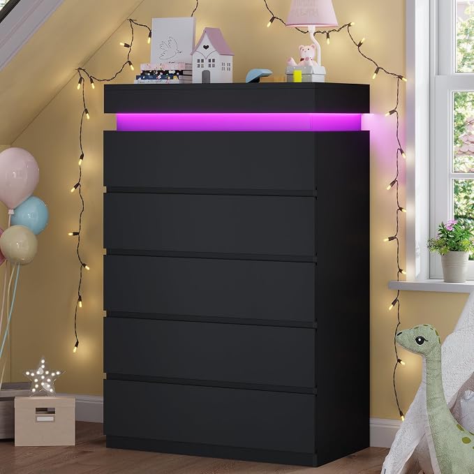 HAUOMS Tall 5 Drawer Dresser with LED Light, Black Modern Chest of Drawers for Bedroom,Closet Dressers with Drawers for Living Room, Entryway, Hallway by HAUOMS
